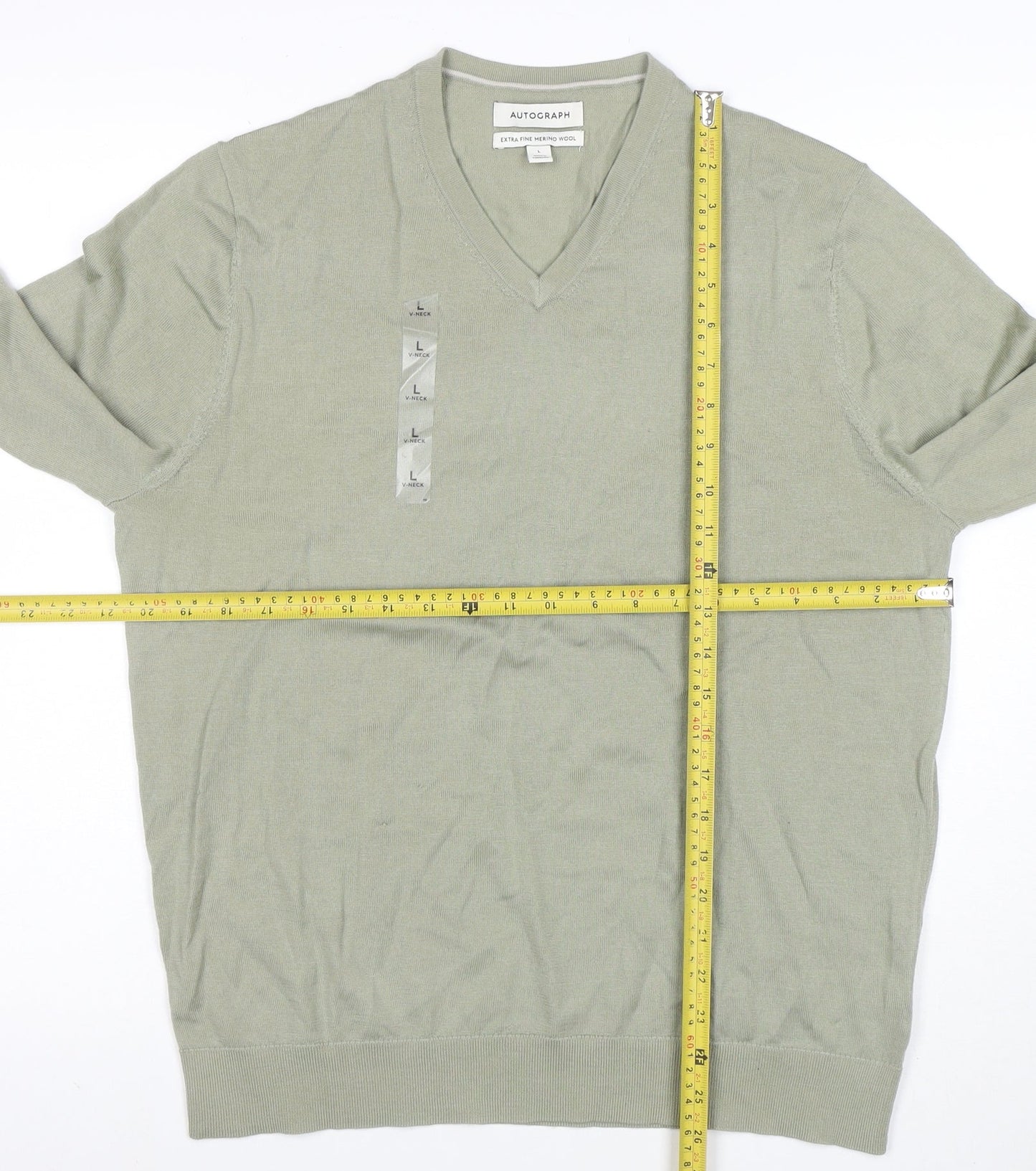 Marks and Spencer Men's Green Merino Wool V-Neck Jumper L