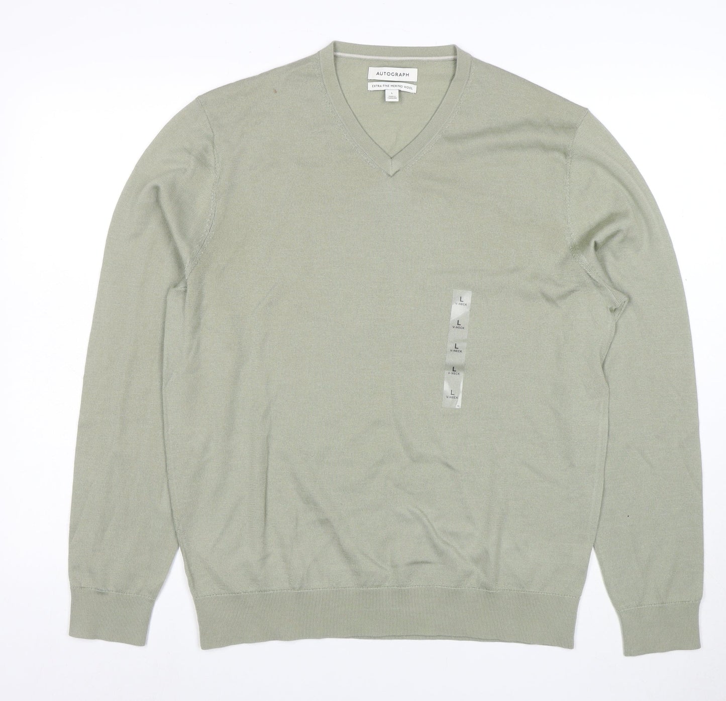 Marks and Spencer Men’s Green Merino Wool V-Neck Jumper L