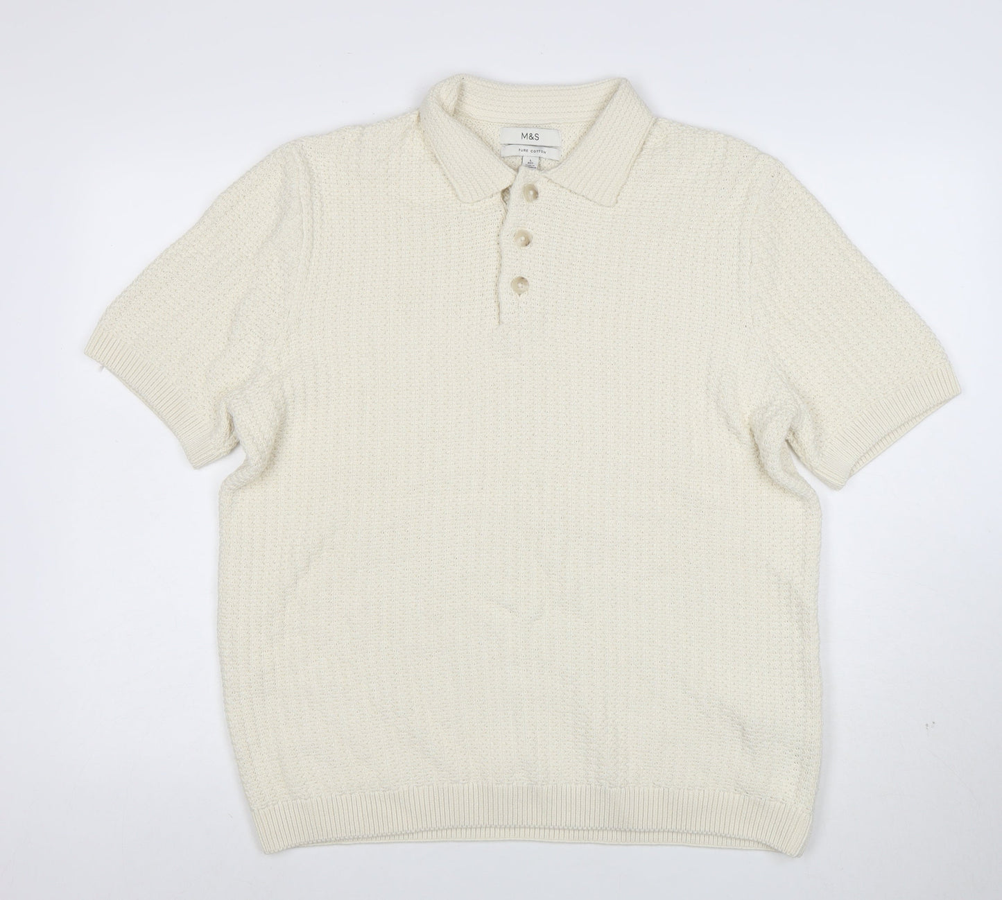 Marks and Spencer Mens Ivory Cotton Knit Collared Henley Jumper L