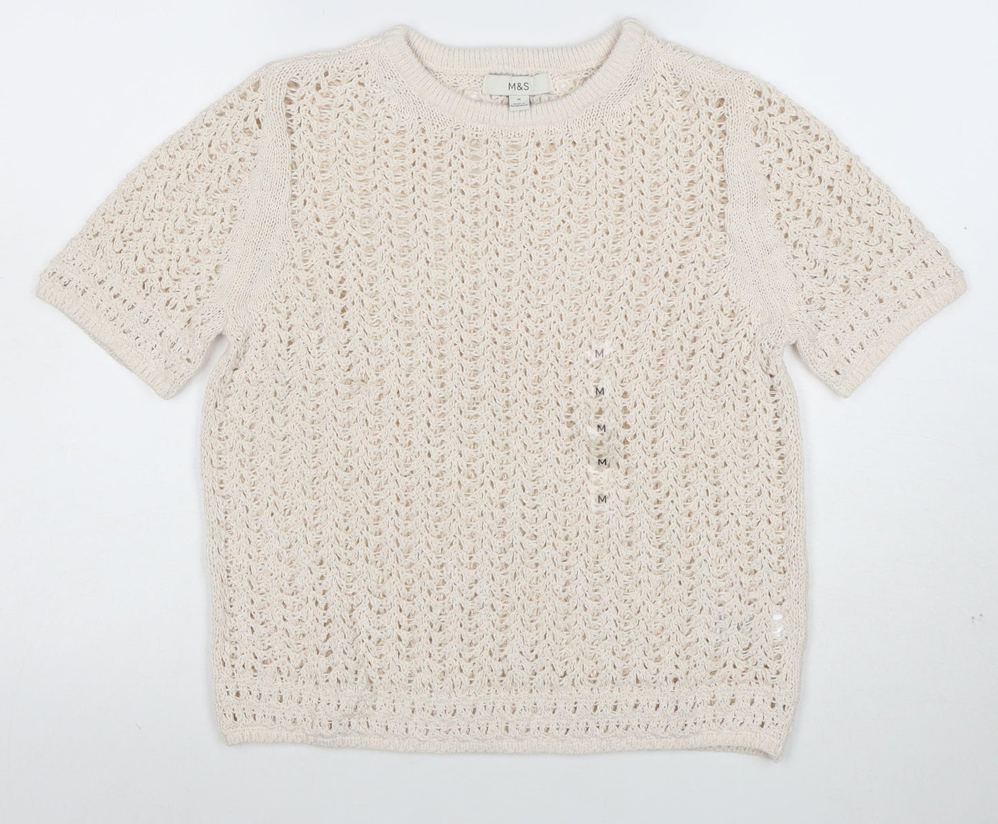 Marks and Spencer Women Beige Open Knit Short Sleeve Jumper M