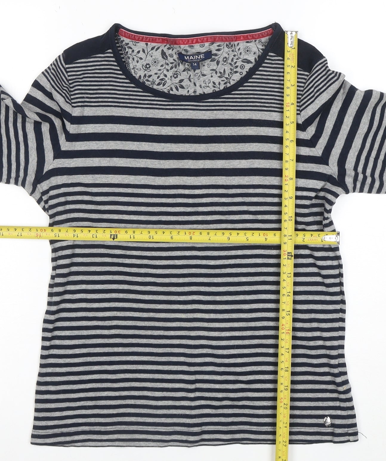 Maine New England Women's Blue Striped 3/4 Sleeve Cotton T-Shirt Size 14