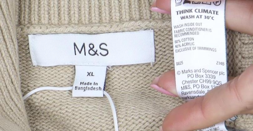 Marks and Spencer Women Beige XL Full Zip Collared Cotton Jumper