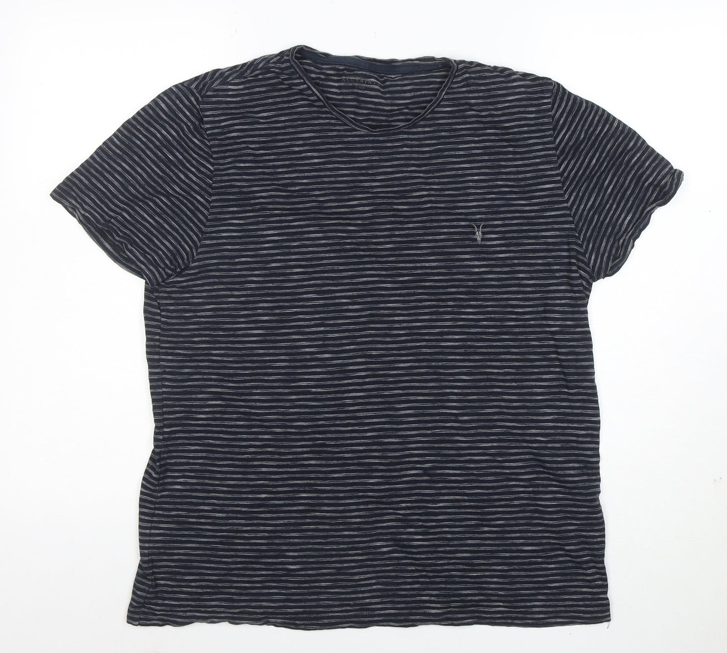 AllSaints Men's Navy Striped Crew Neck Cotton T-Shirt Size L