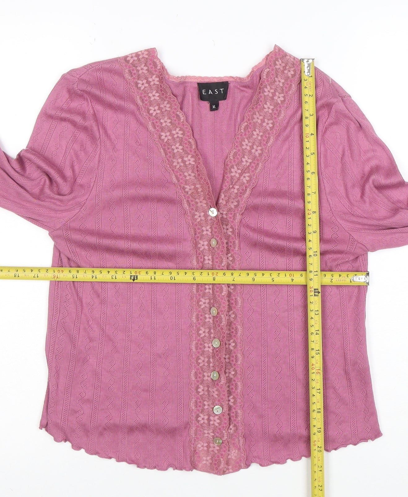 EAST Womens Pink Lace Trim Button-Up Top Size XL Cotton Modal