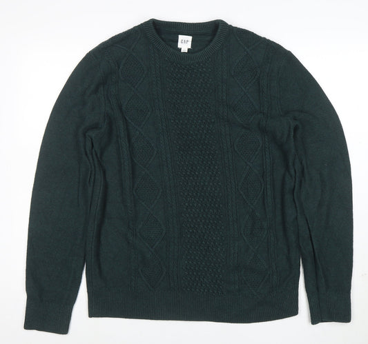 GAP Men's Green Cable-Knit Crew Neck Cotton Jumper Size M