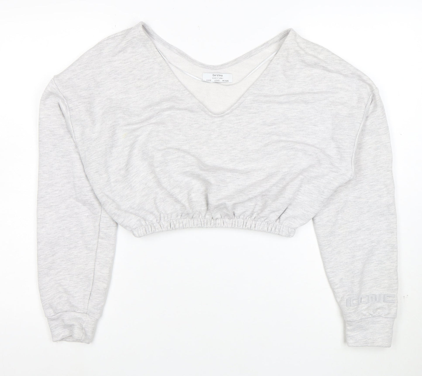 Bershka Women Grey V-Neck Cropped Pullover Sweatshirt Size S