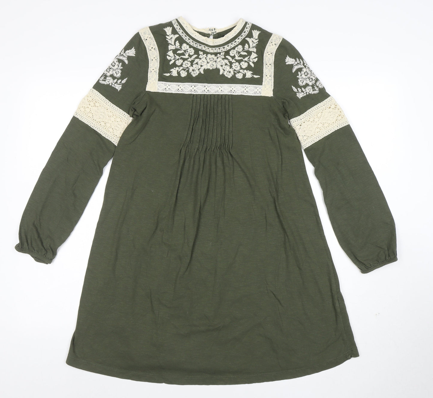Topshop Women’s Green Embroidered Lace Long Sleeve Shift Dress Size 6