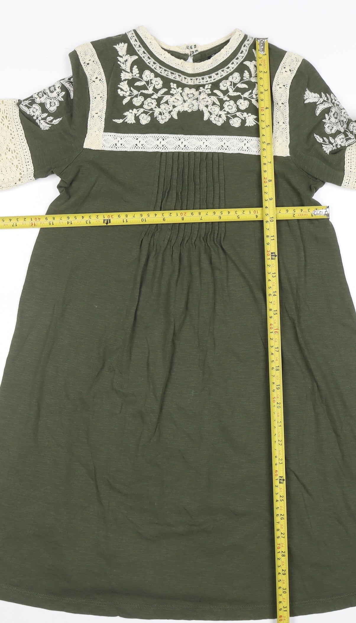 Topshop Women’s Green Embroidered Lace Long Sleeve Shift Dress Size 6