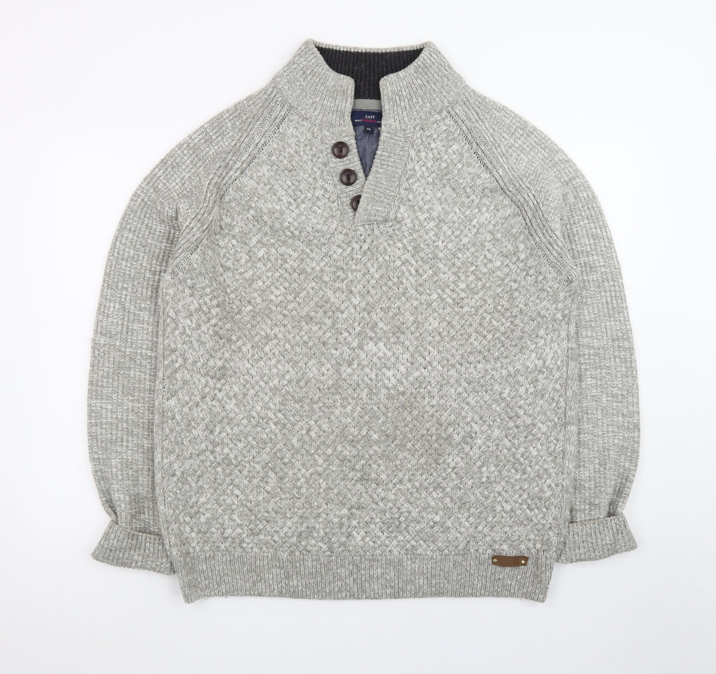 EASY Men's Grey Waffle-Knit Henley Jumper XL High Neck Casual
