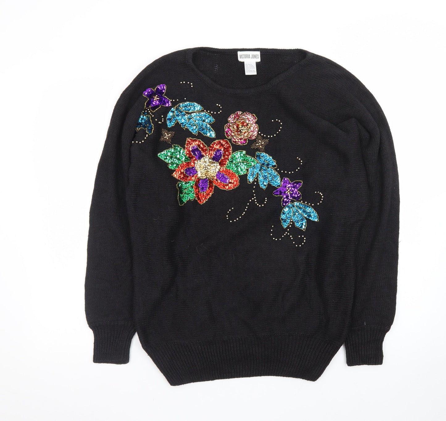 Victoria Jones Womens Black L Sequin Floral Knit Vintage Jumper