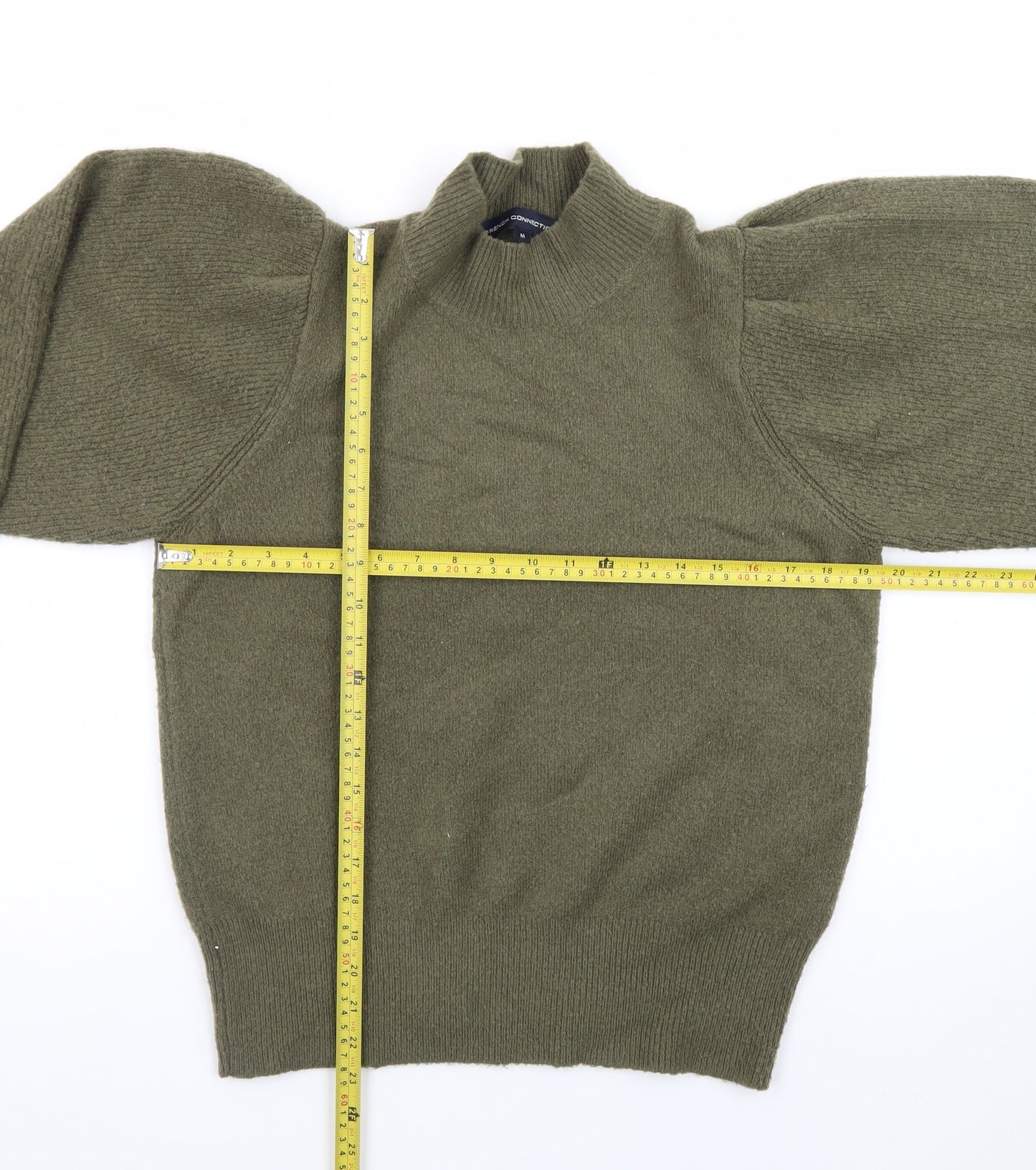French Connection Women's Green Mock Neck Puff Sleeve Jumper M