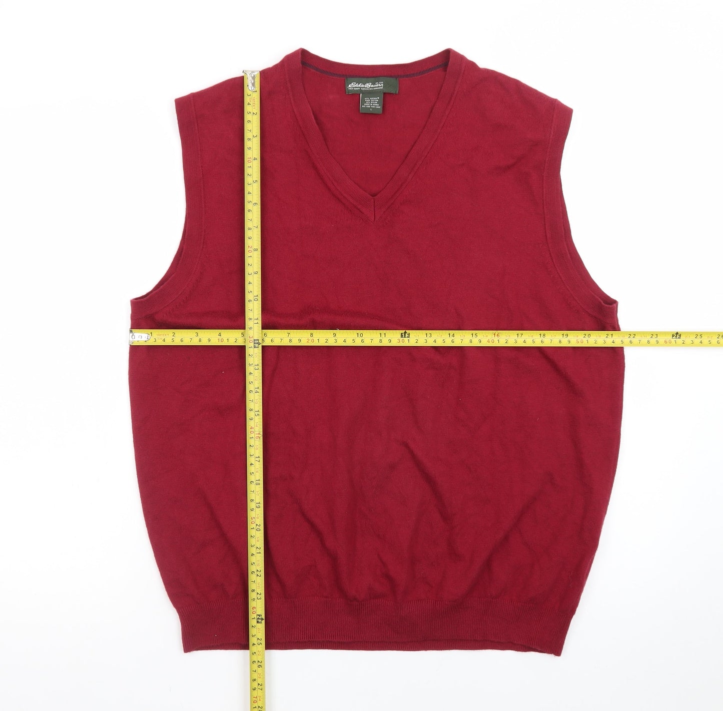 Eddie Bauer Men Red Cotton V-Neck Sleeveless Vest Jumper L