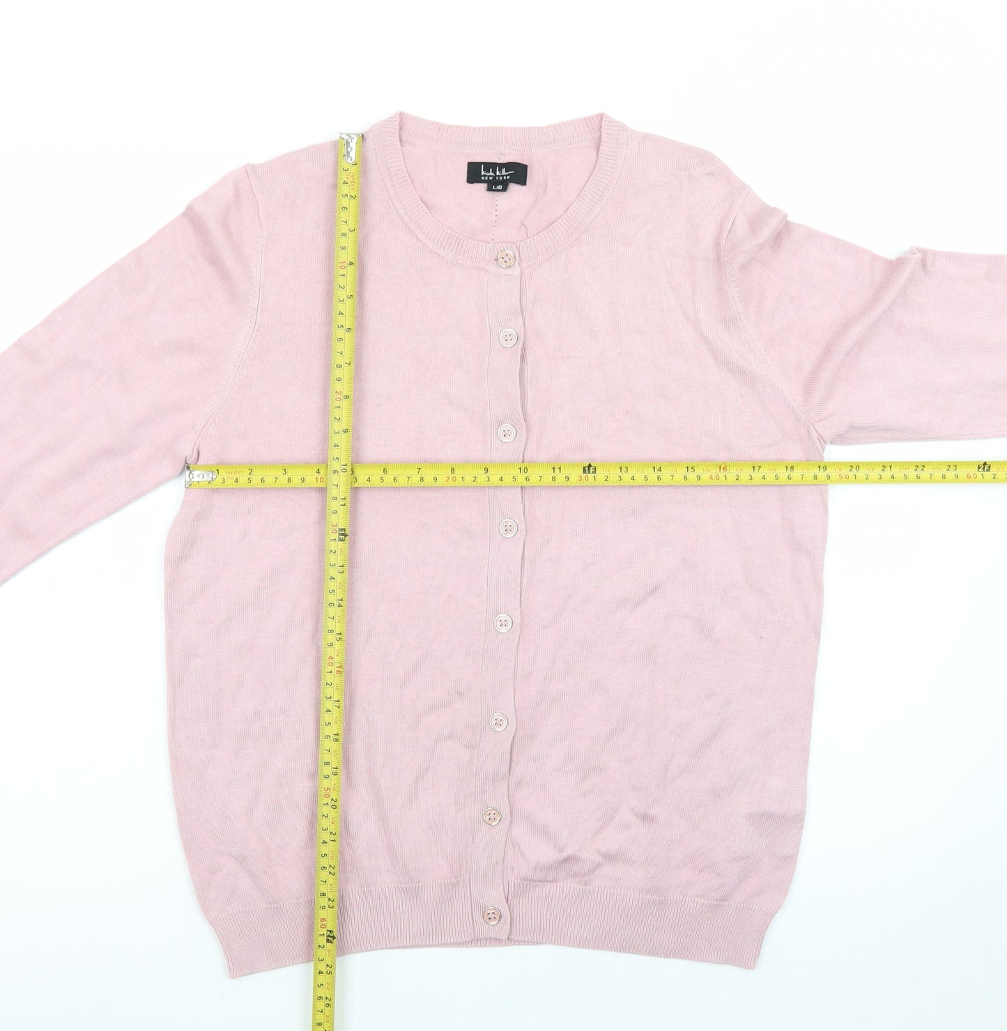 Nicole Miller Women’s Pink Cardigan L Long Sleeve Crew Neck Knit