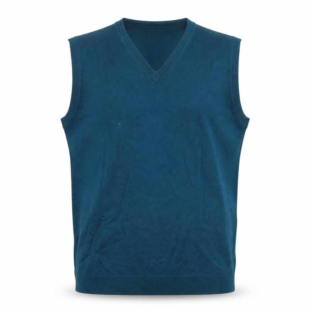 Front view of James Pringle Men's Blue Sleeveless V-Neck Knit Vest M