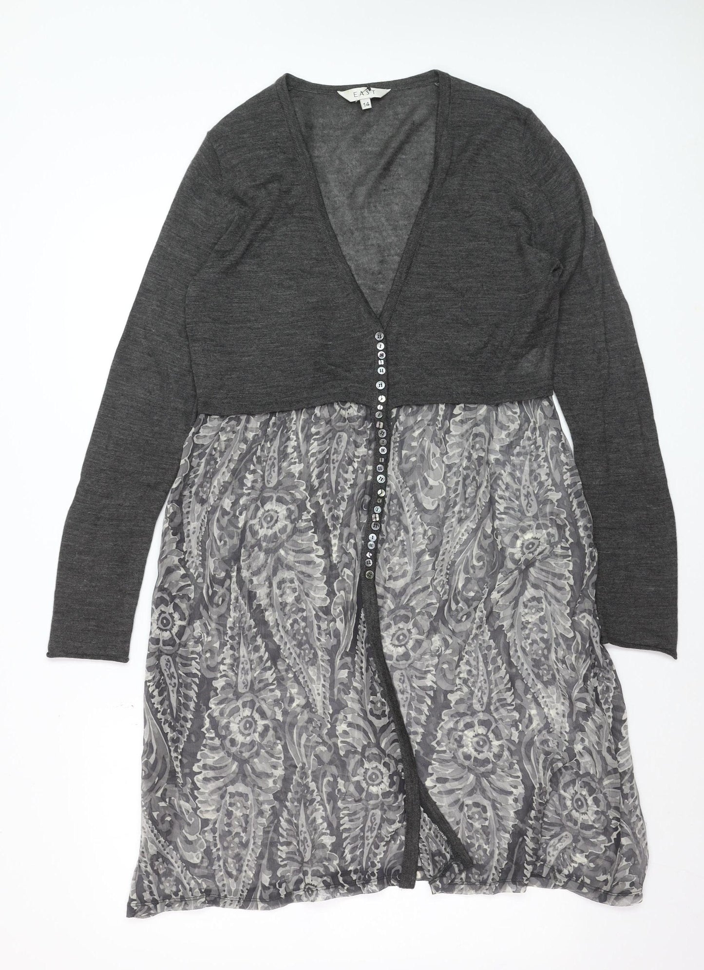 EAST Womens Grey Floral Wool Blend Empire Waist Dress Size 14