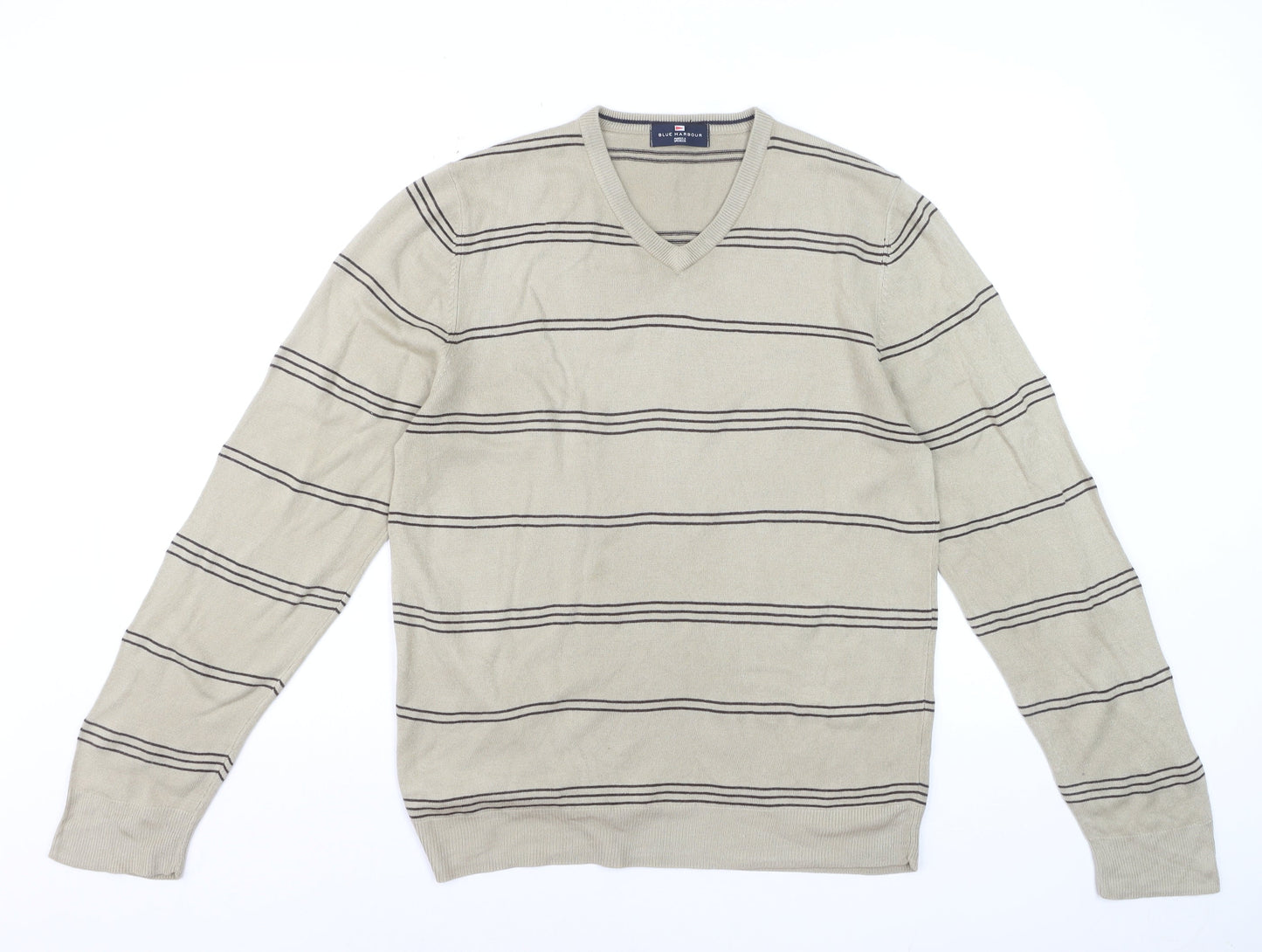 Marks and Spencer Blue Harbour Men's Beige Striped V-Neck Jumper Medium