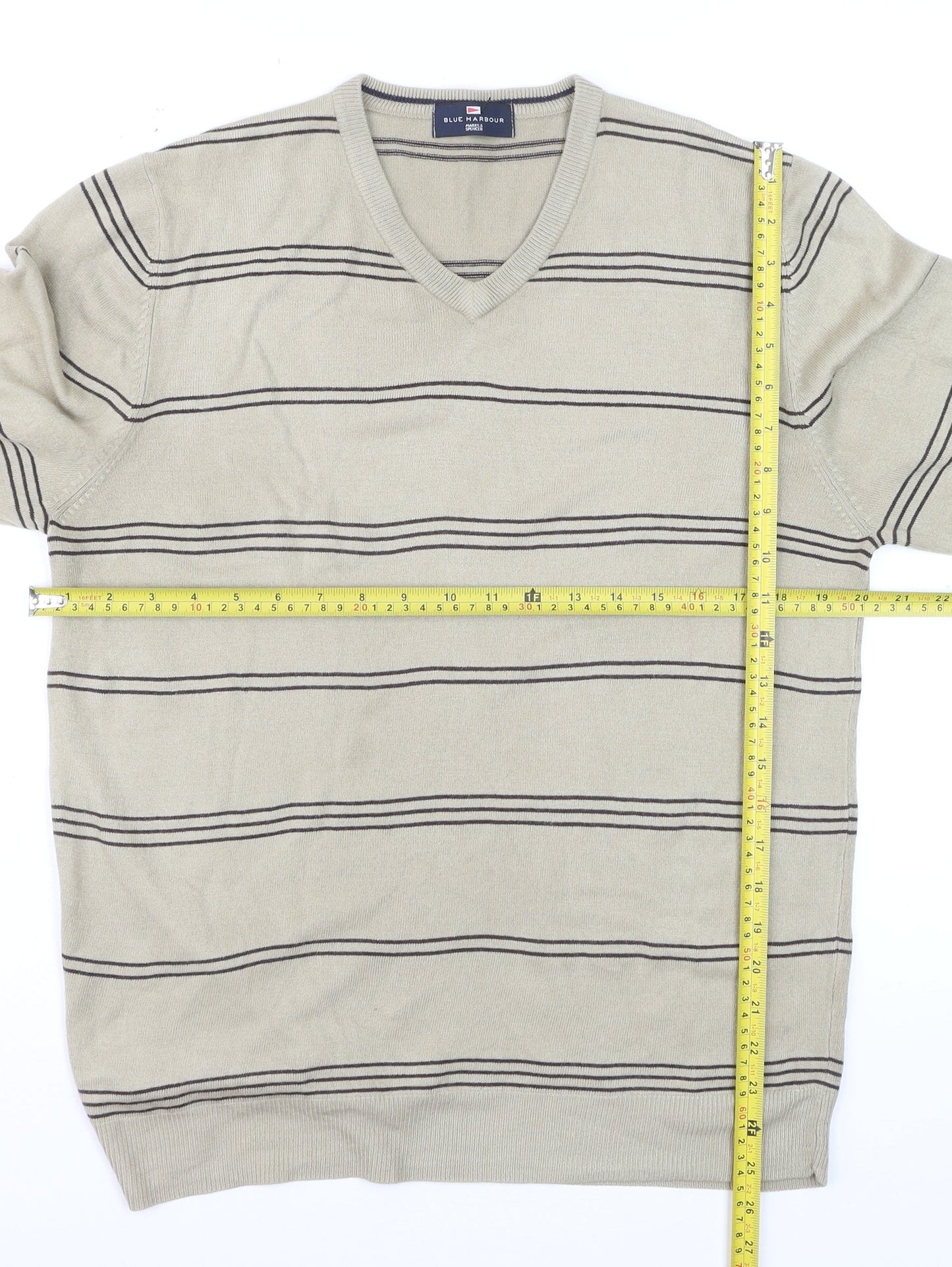 Marks and Spencer Blue Harbour Men's Beige Striped V-Neck Jumper Medium