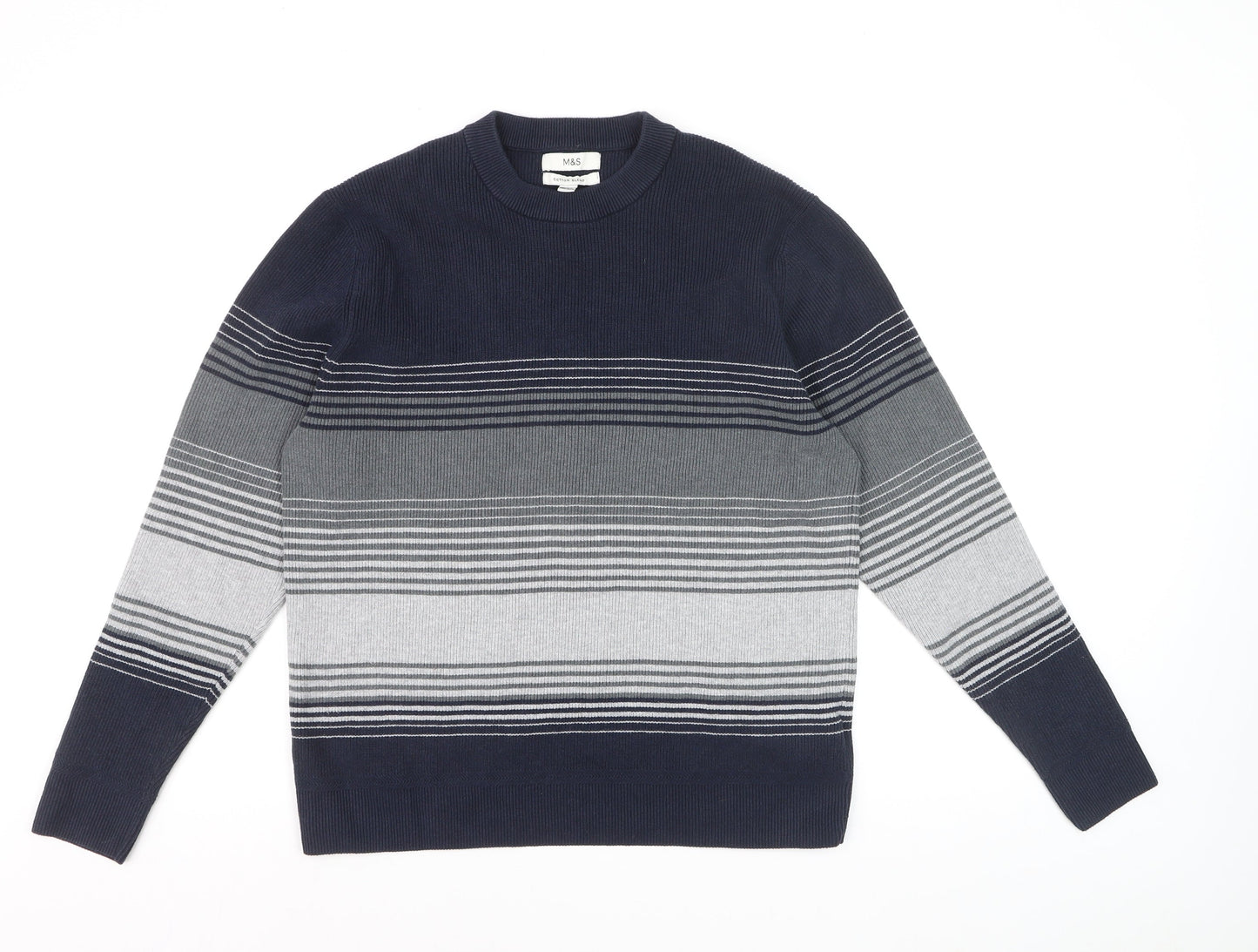 Marks and Spencer Men's Blue Striped Cotton Blend Crew Neck Jumper L