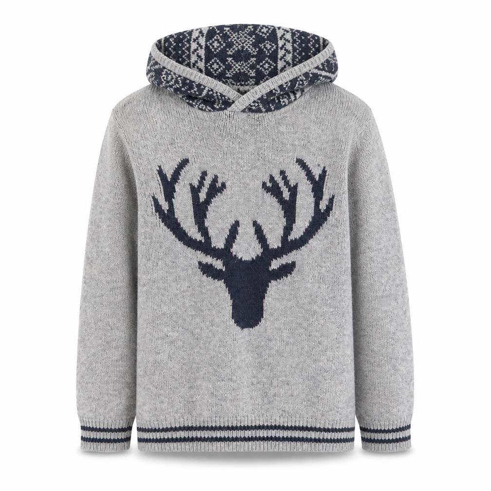 FatFace Boys Grey Hooded Deer Knit Jumper 12-13 Years Cotton Blend Winter
