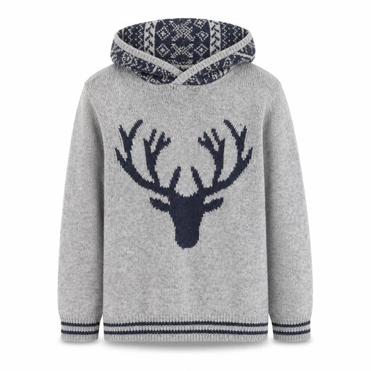 FatFace Boys Grey Hooded Deer Knit Jumper 12-13 Years Cotton Blend Winter