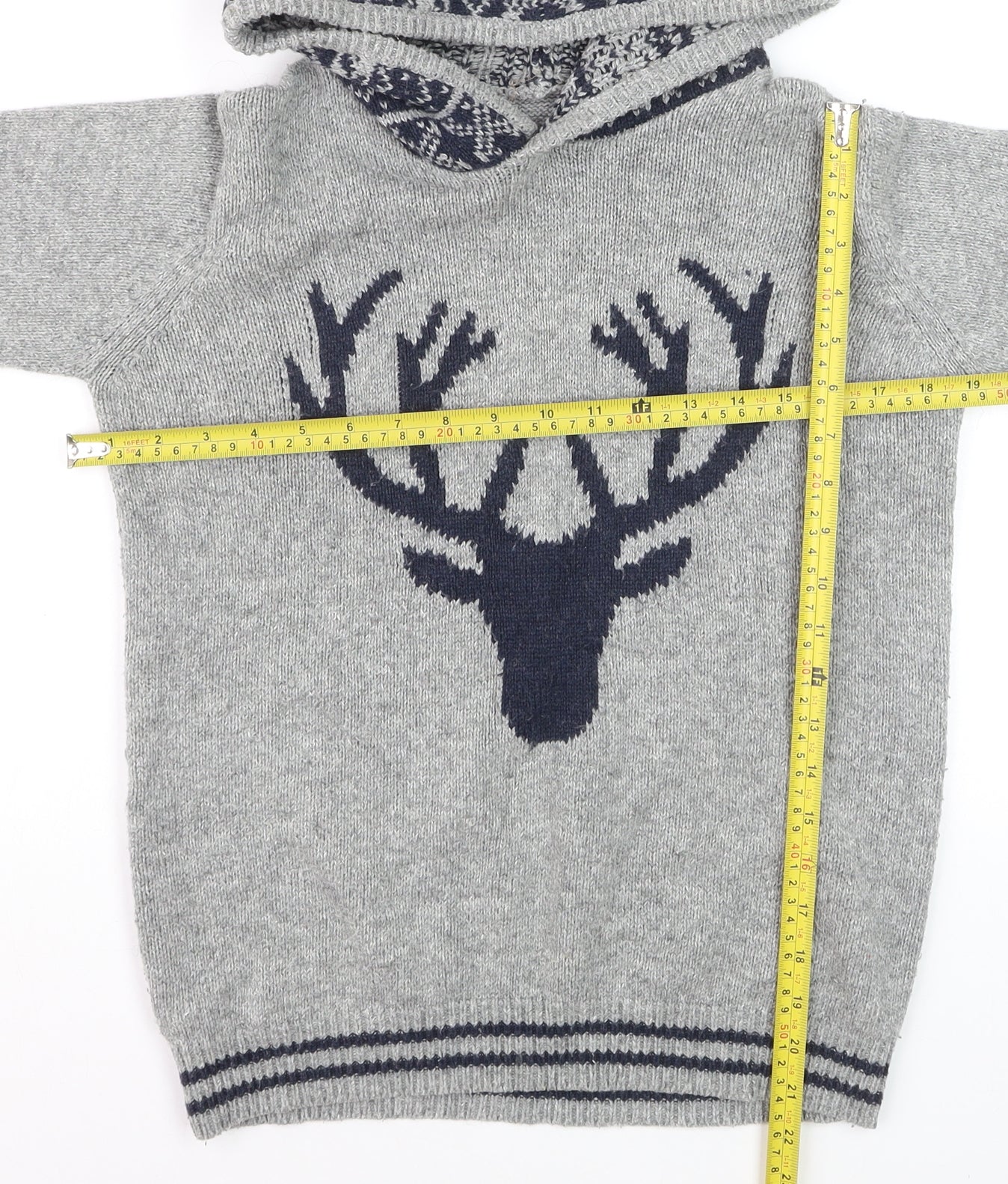 FatFace Boys Grey Hooded Deer Knit Jumper 12-13 Years Cotton Blend Winter