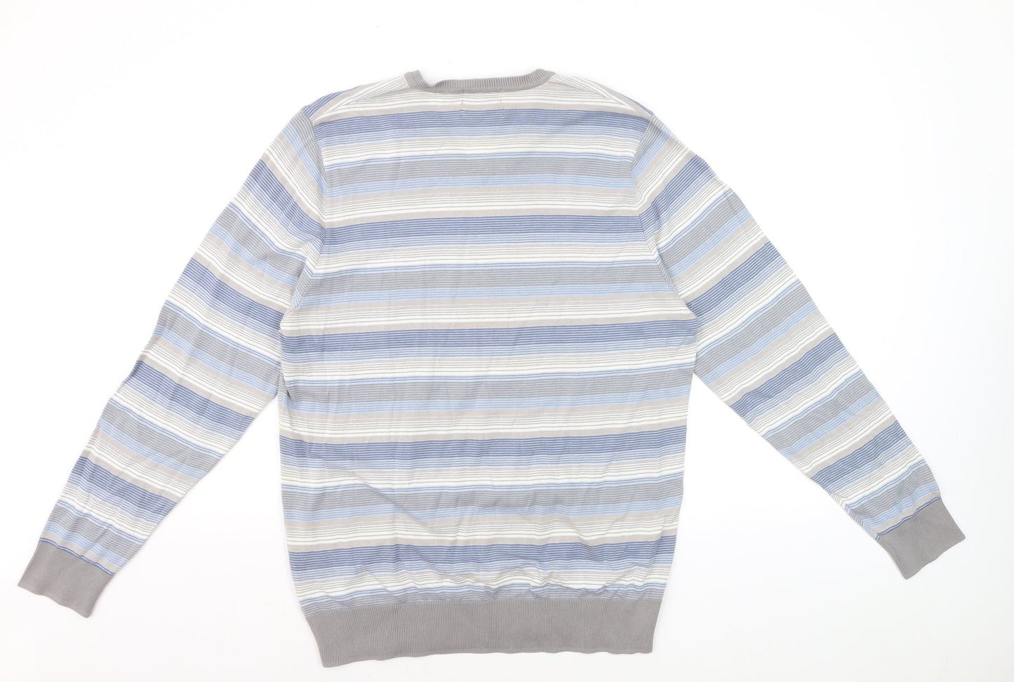 Marks and Spencer Autograph Men's Blue Striped Cotton V-Neck Jumper L