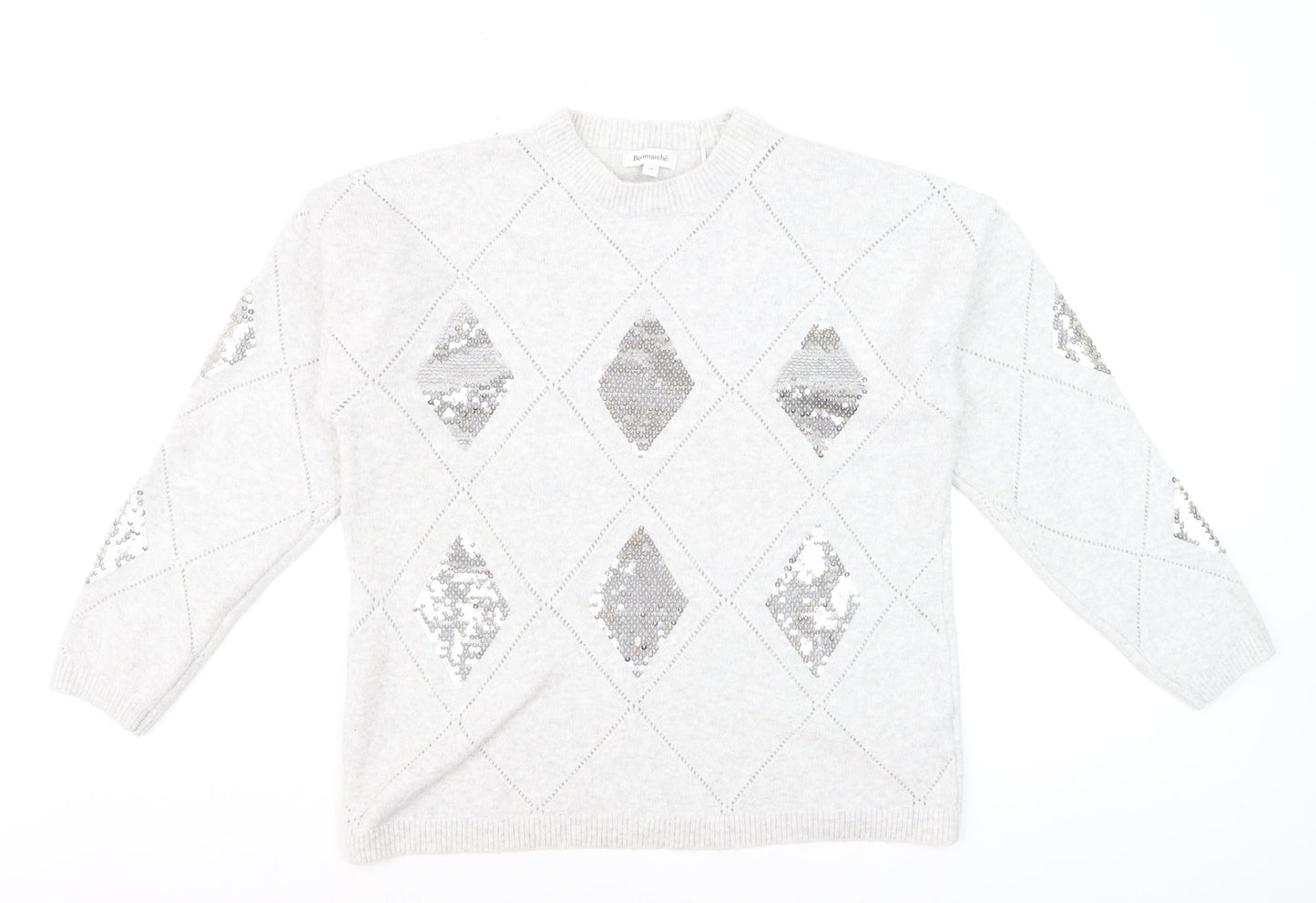 Bonmarché Women's Silver Sequin Argyle Jumper Size 14 Grey Long Sleeve Knit
