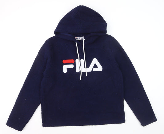Fila Women Navy Blue Hooded Pullover Hoodie Size L Fleece Logo