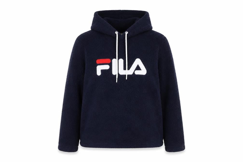 Fila Women Navy Blue Hooded Pullover Hoodie Size L Fleece Logo