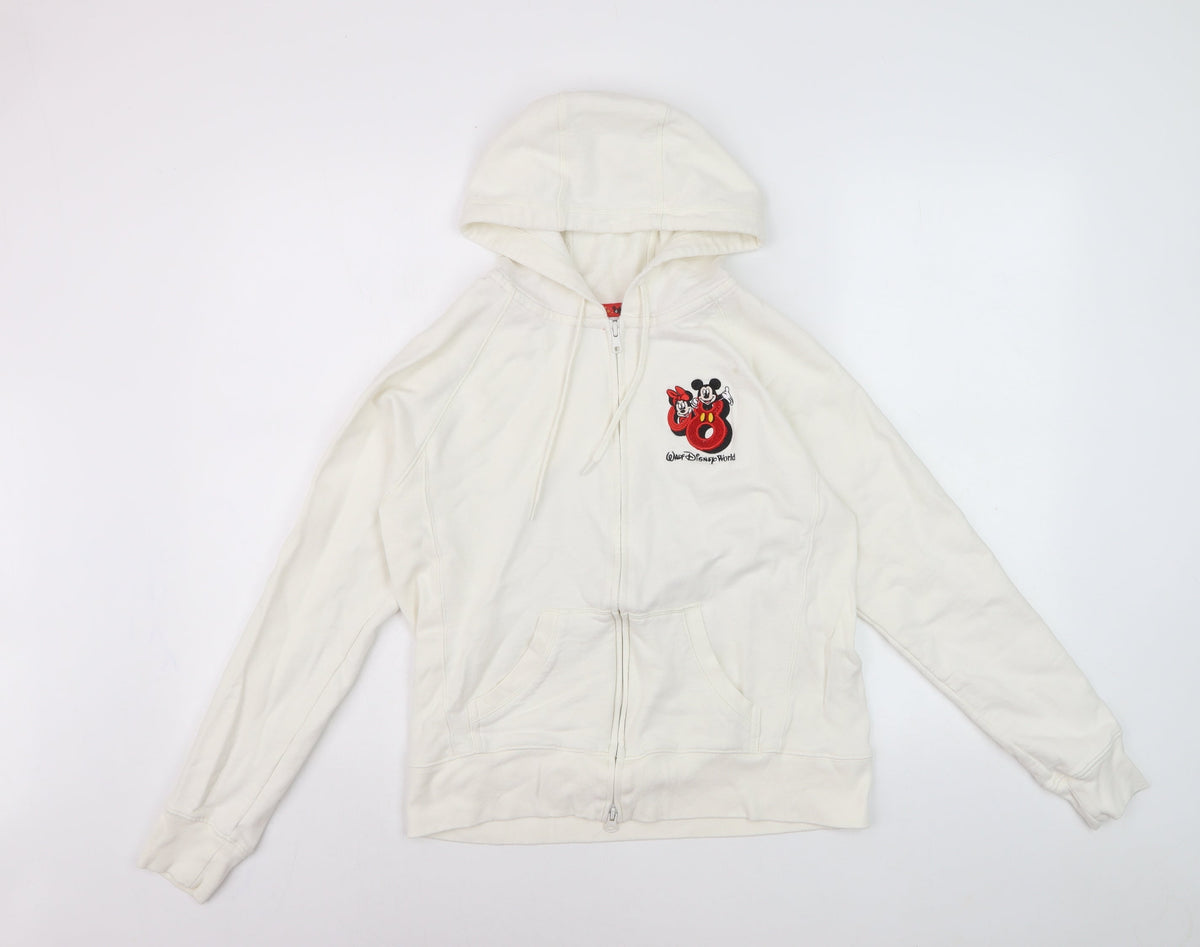 Front view of Walt Disney World Women’s White Full Zip Hoodie, size M, Embroidered Mickey Minnie