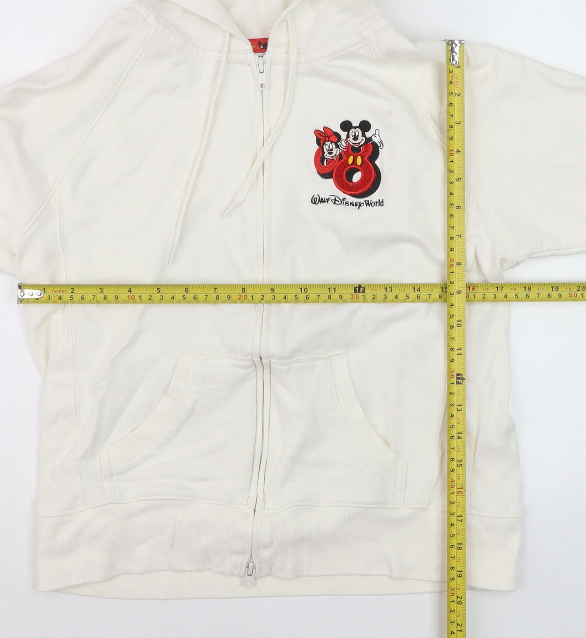 Back view of Walt Disney World Women’s White Full Zip Hoodie, size M, Embroidered Mickey Minnie