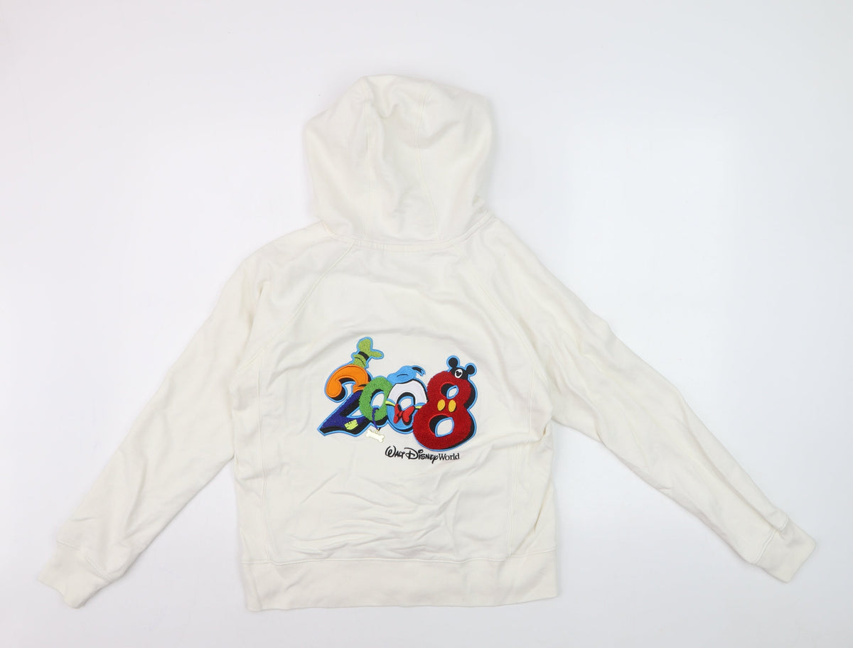 Close-up detail of Walt Disney World Women’s White Full Zip Hoodie, size M, Embroidered Mickey Minnie