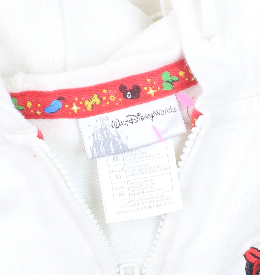 Brand and care label for Walt Disney World Women’s White Full Zip Hoodie, size M, Embroidered Mickey Minnie