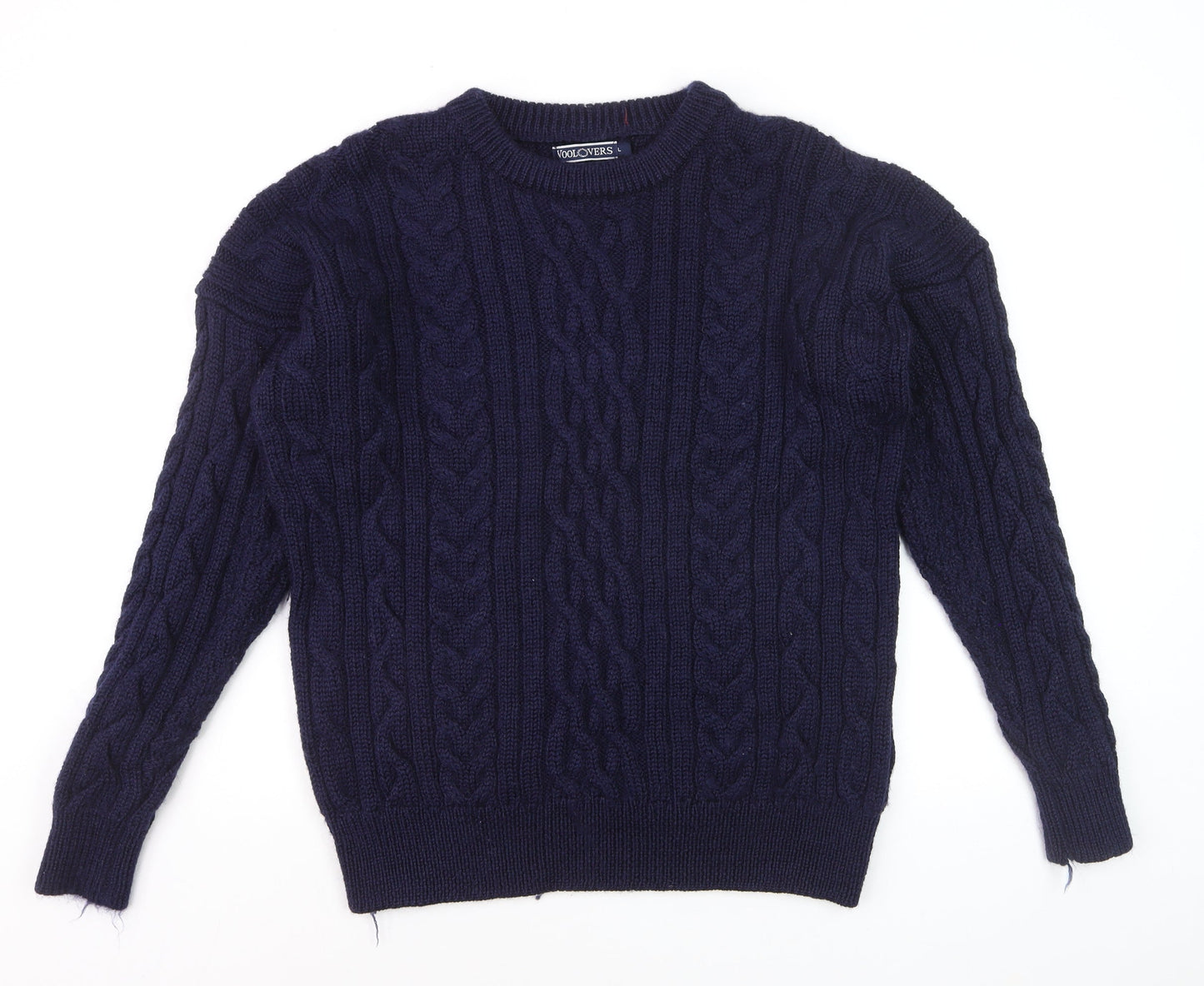 Woolovers Men's Blue Cable-Knit Wool Crew Neck Jumper Size L