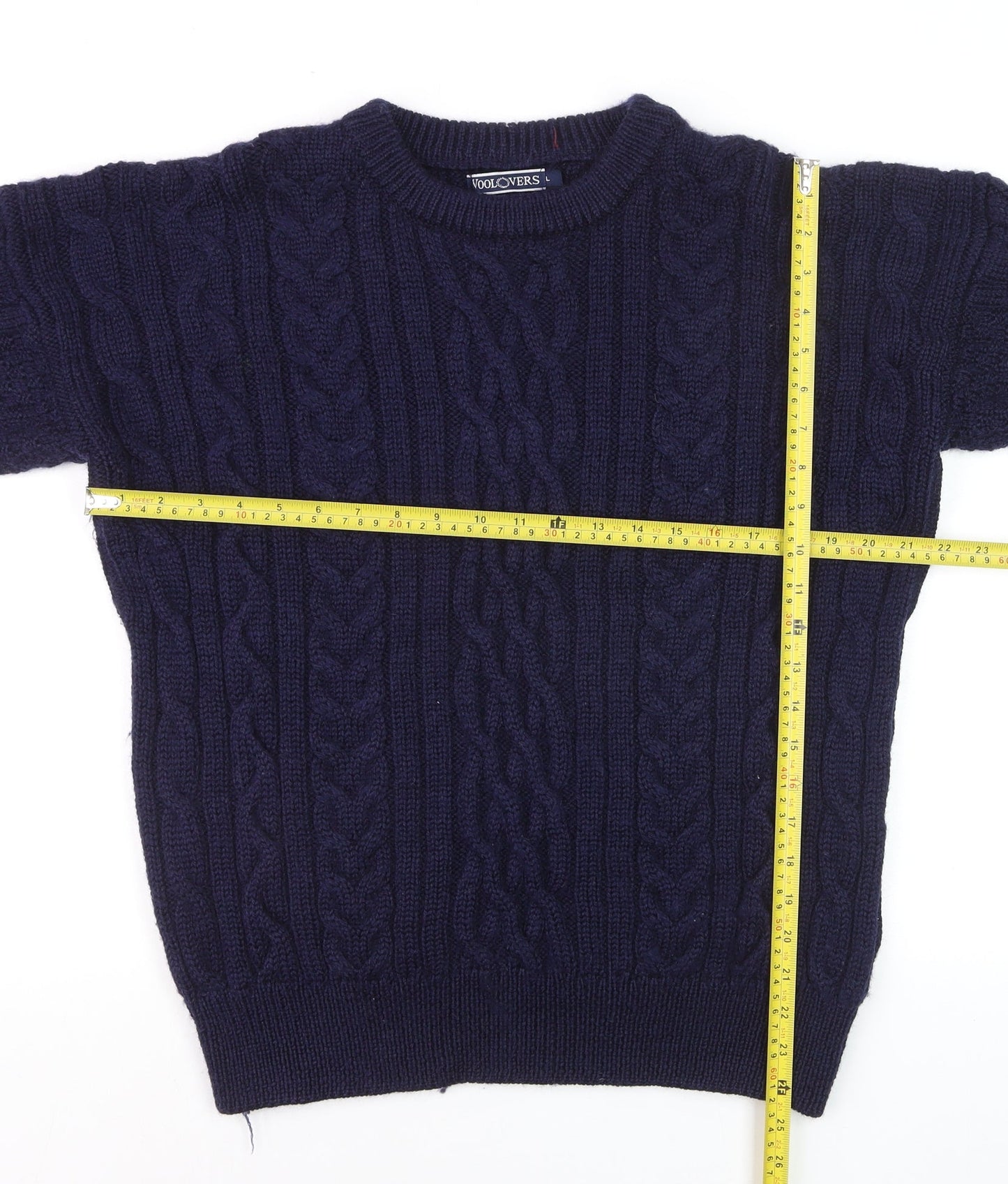 Woolovers Men's Blue Cable-Knit Wool Crew Neck Jumper Size L