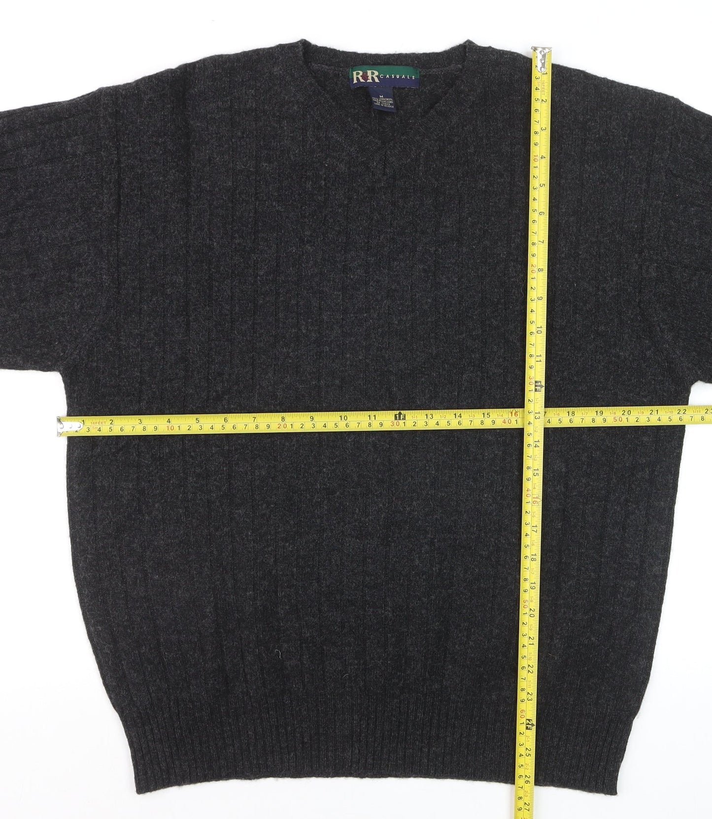 R&R Casuals Men's Dark Grey Lambswool V-Neck Cable-Knit Jumper Size M