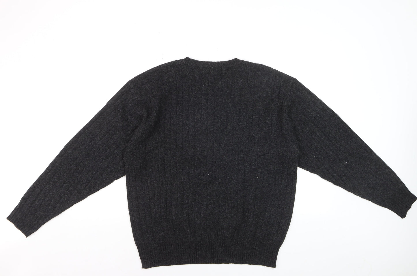 R&R Casuals Men's Dark Grey Lambswool V-Neck Cable-Knit Jumper Size M