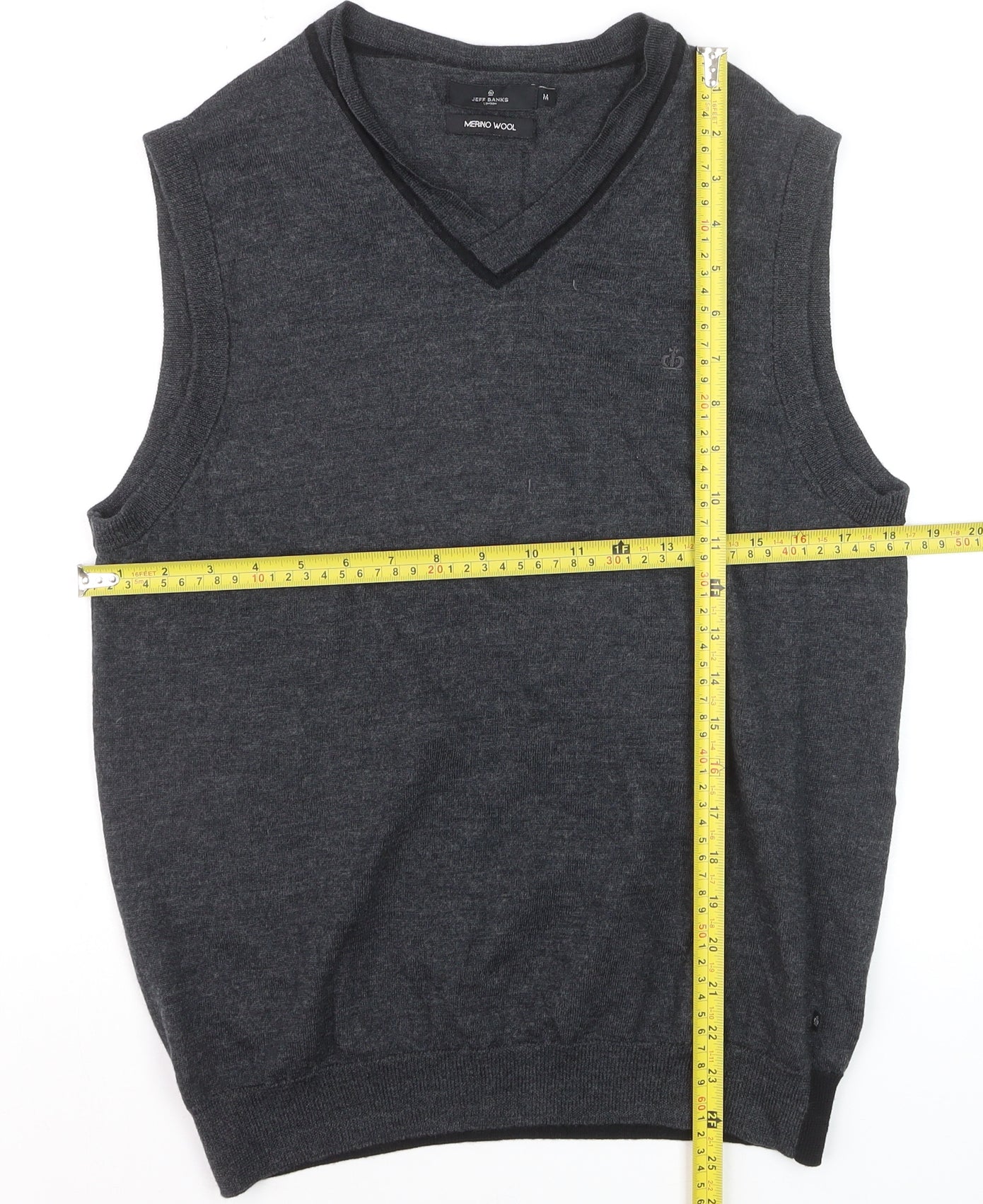 Jeff Banks Men's Grey Merino Wool Sleeveless V-Neck Vest Jumper Size M