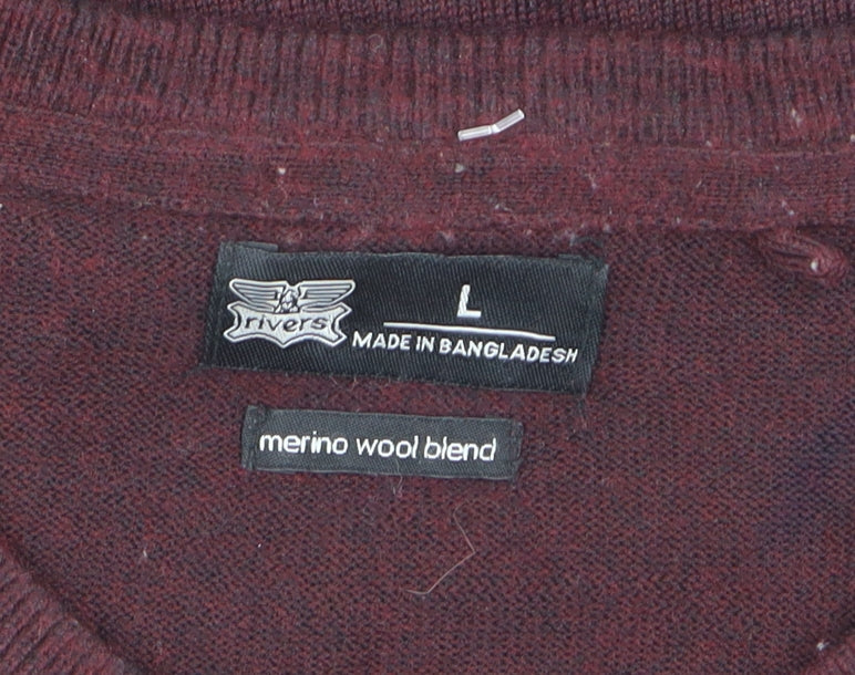Rivers Men’s Red Merino Wool Blend V-Neck Jumper Size L