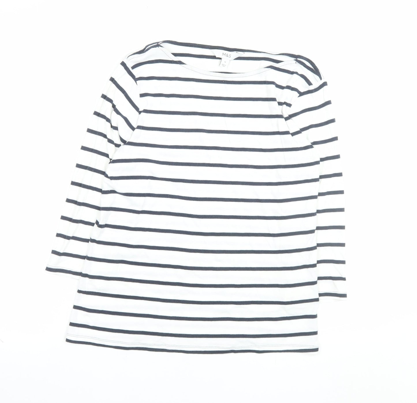 Marks and Spencer Women’s White Striped 3/4 Sleeve Cotton T-Shirt Size 14