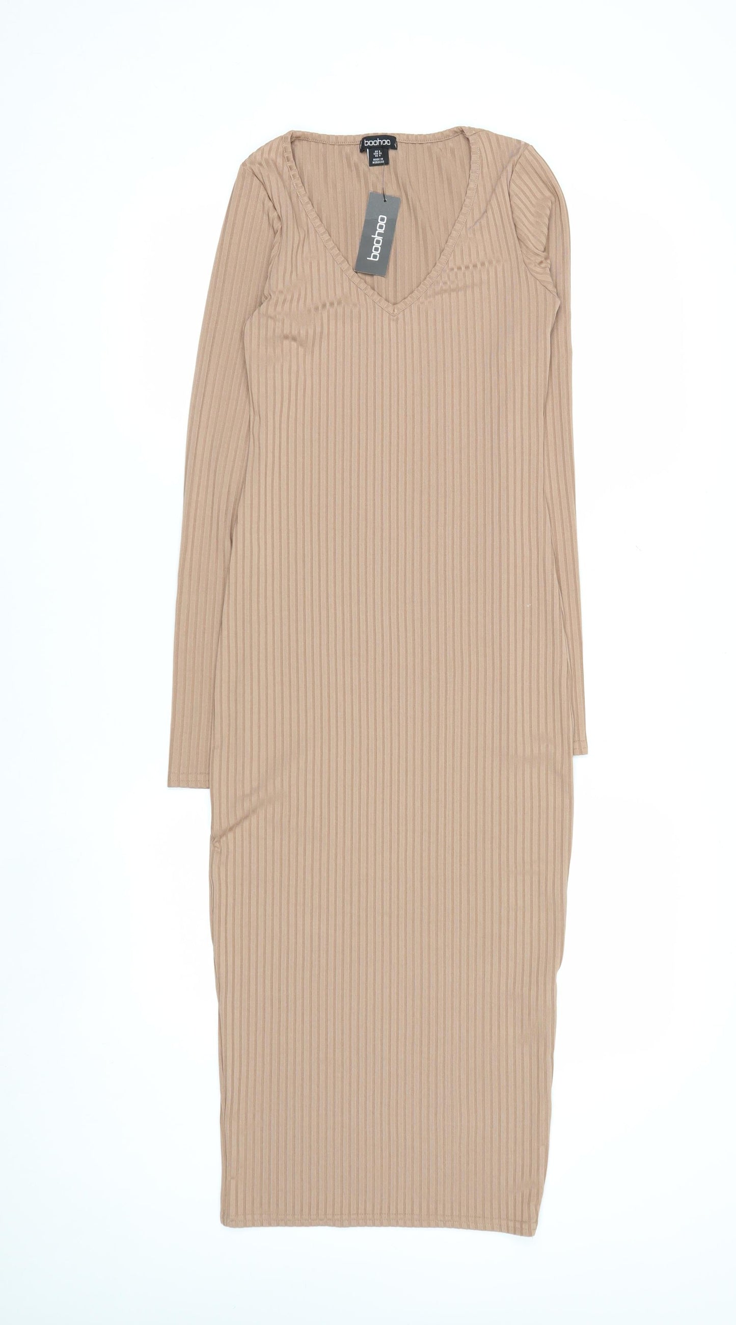 Boohoo Women's Beige Ribbed V-Neck Long Sleeve Midi Bodycon Dress Size 8