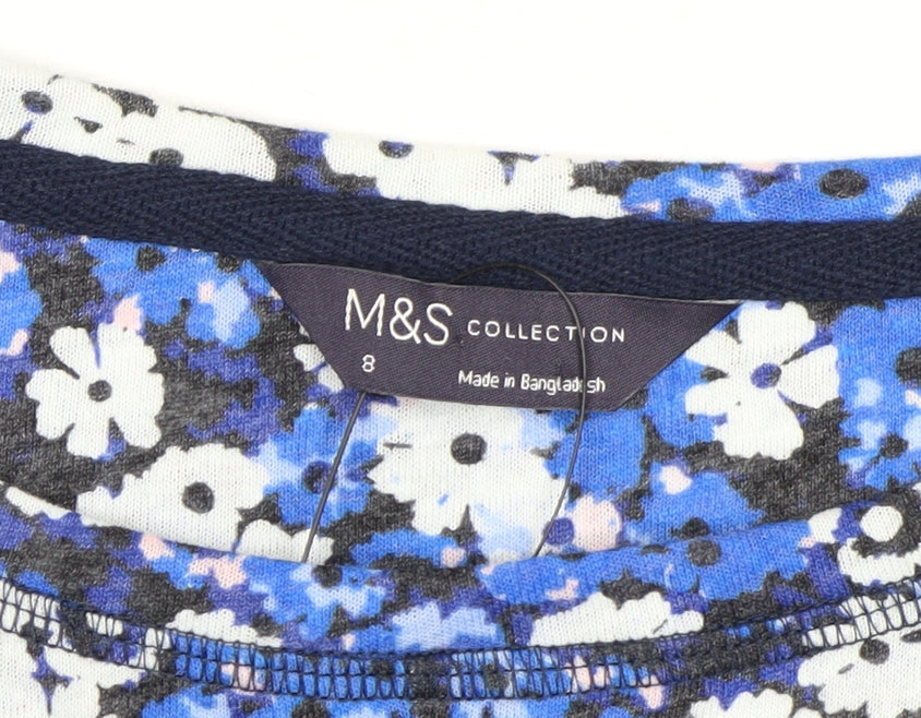 Marks and Spencer Women Blue Floral Long Sleeve Linen Blend Top Size 8