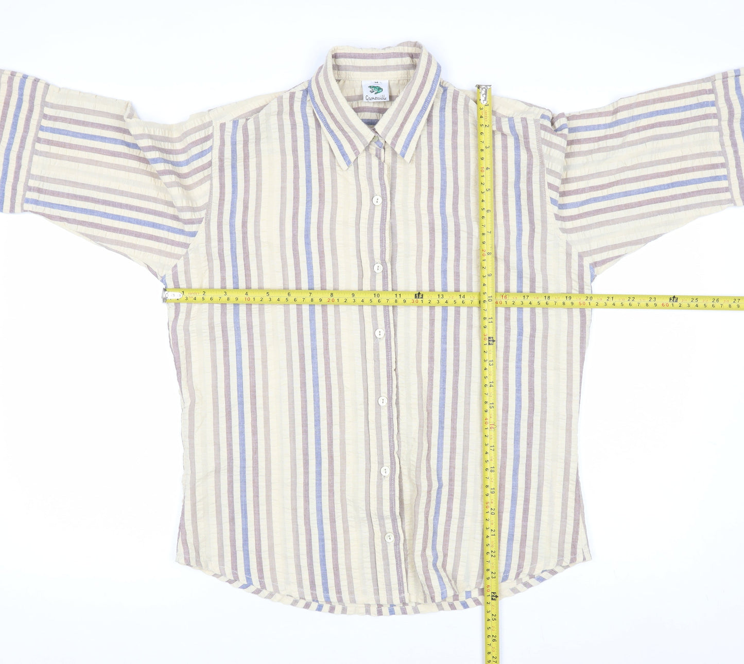 Grenouille Men's Beige Striped Cotton 3/4 Sleeve Button-Up Shirt Size M