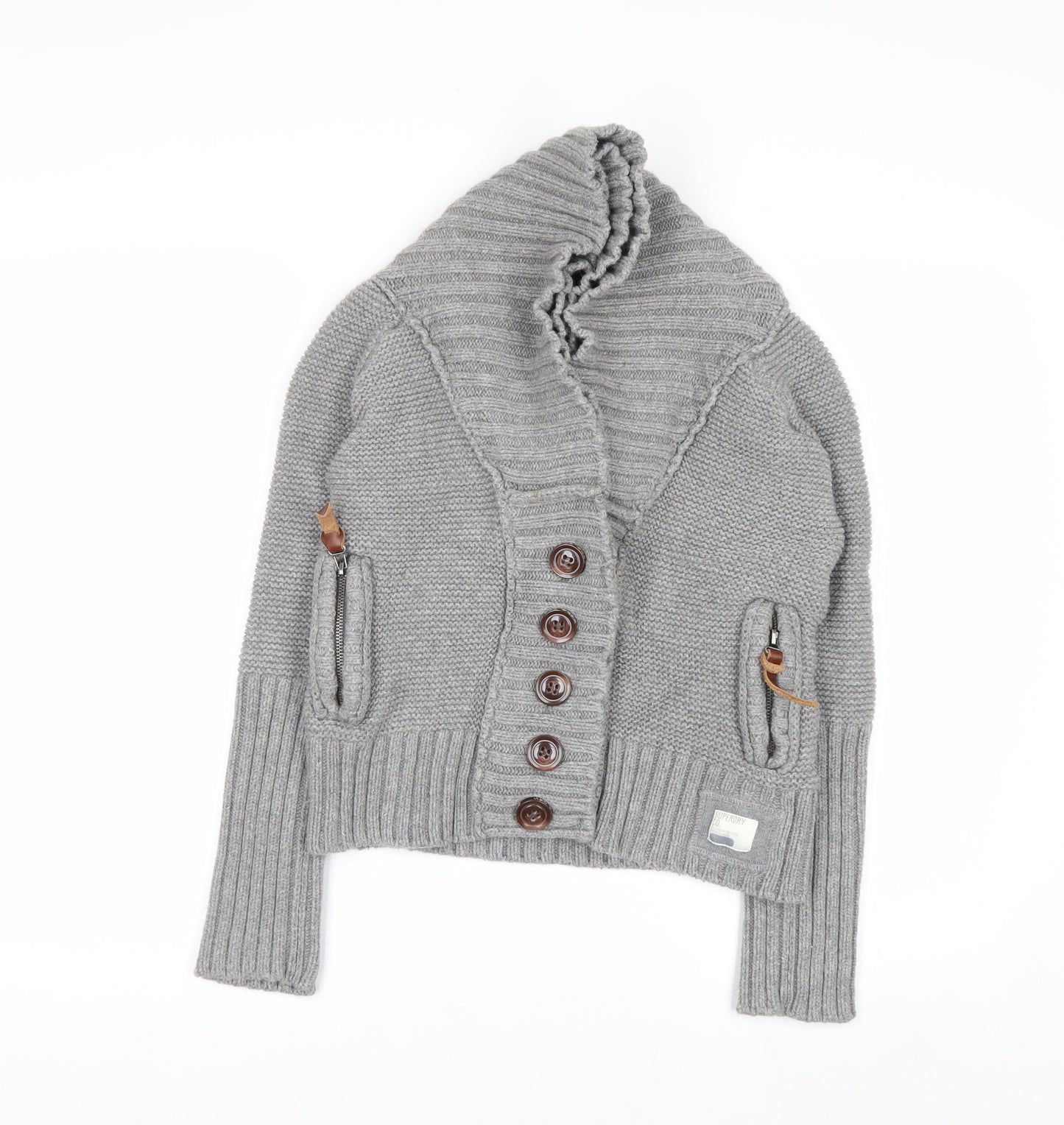Superdry Womens Grey Shawl Collar Button Cardigan Medium Knitwear