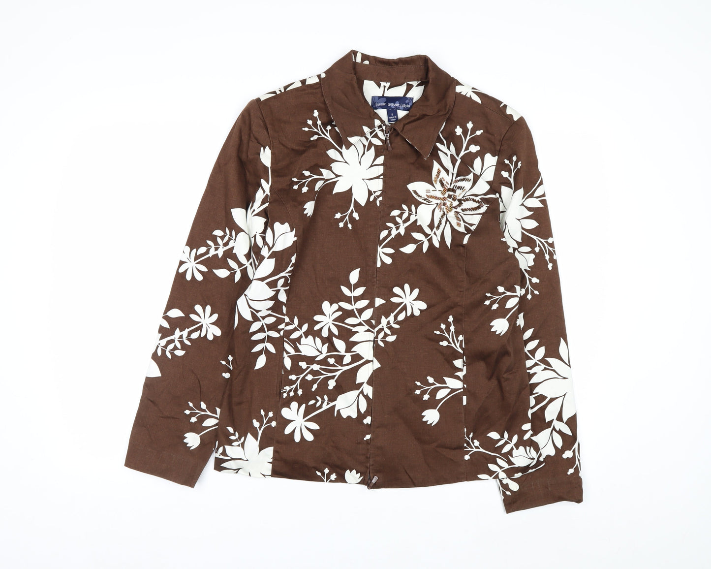 Susan Graver Women’s Brown Floral Zip Jacket Size S Cotton Blend