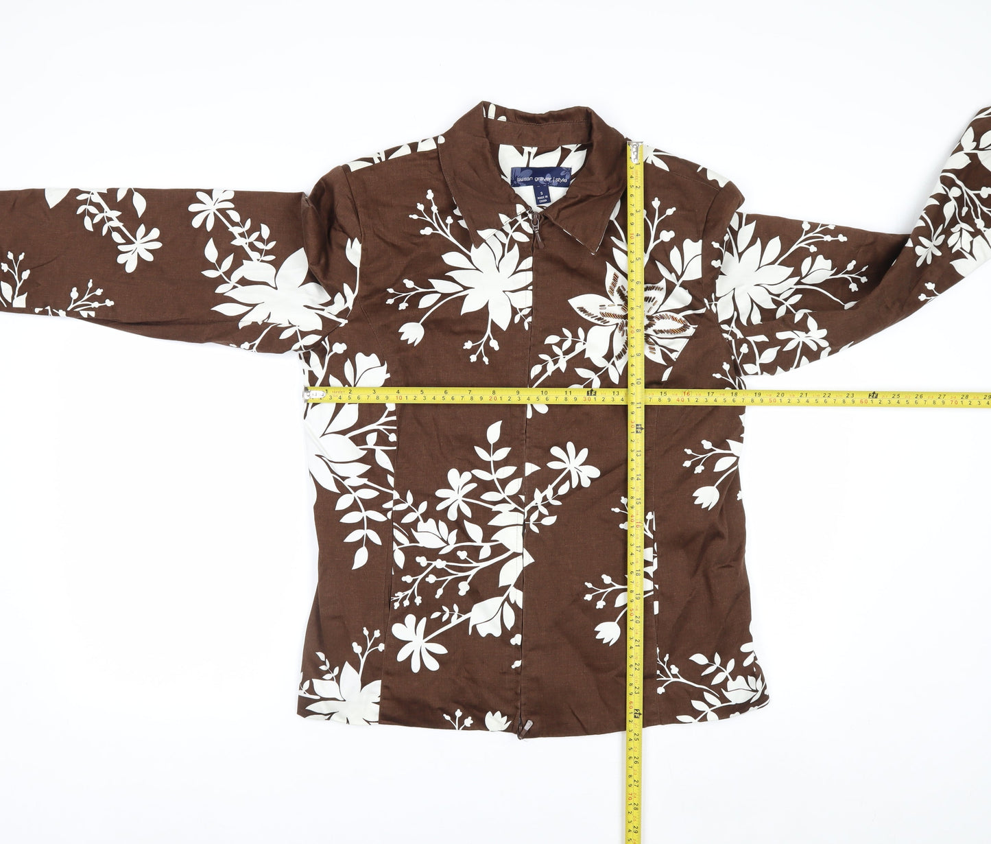 Susan Graver Women’s Brown Floral Zip Jacket Size S Cotton Blend