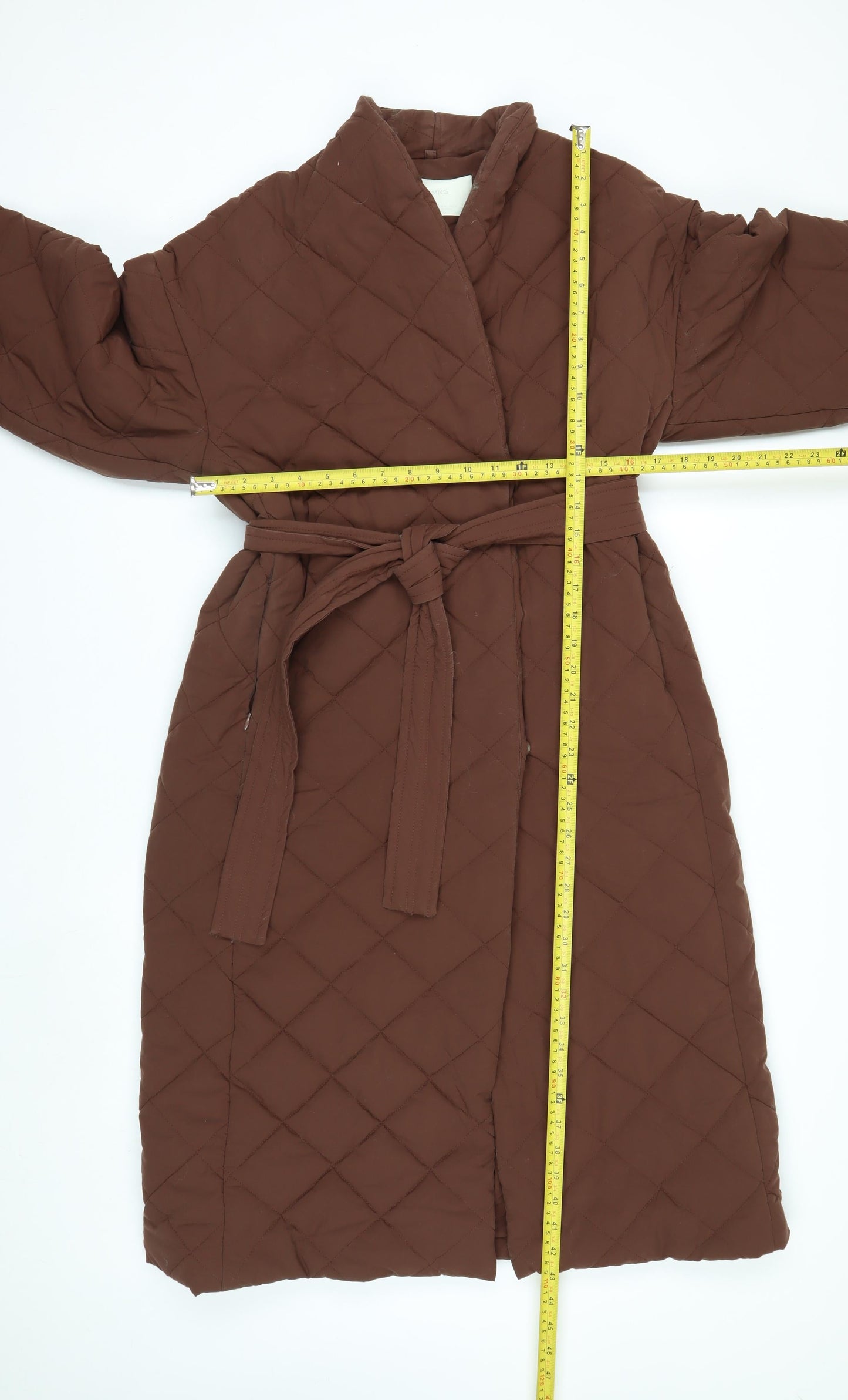 Mango Women Brown Quilted Long Belted Coat Size 12