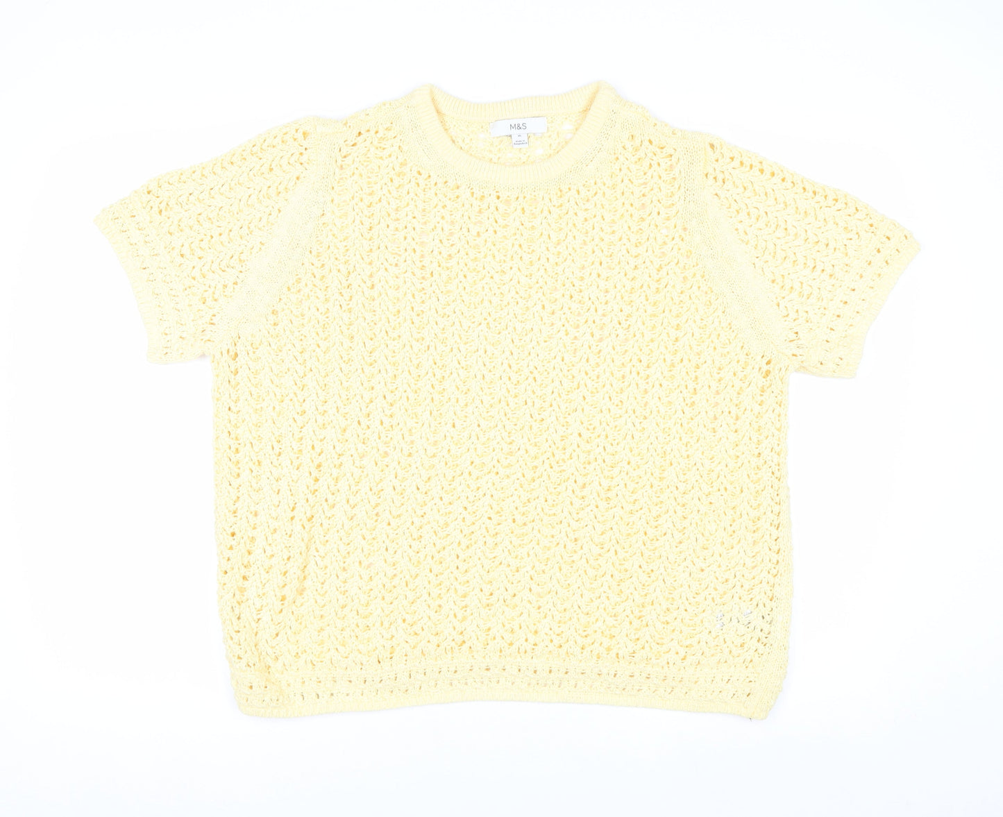 Marks and Spencer Women Yellow Open Knit Cotton Short Sleeve Jumper XL