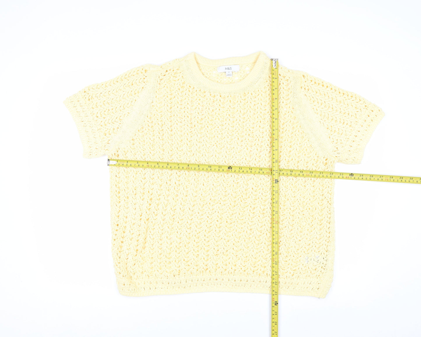 Marks and Spencer Women Yellow Open Knit Cotton Short Sleeve Jumper XL