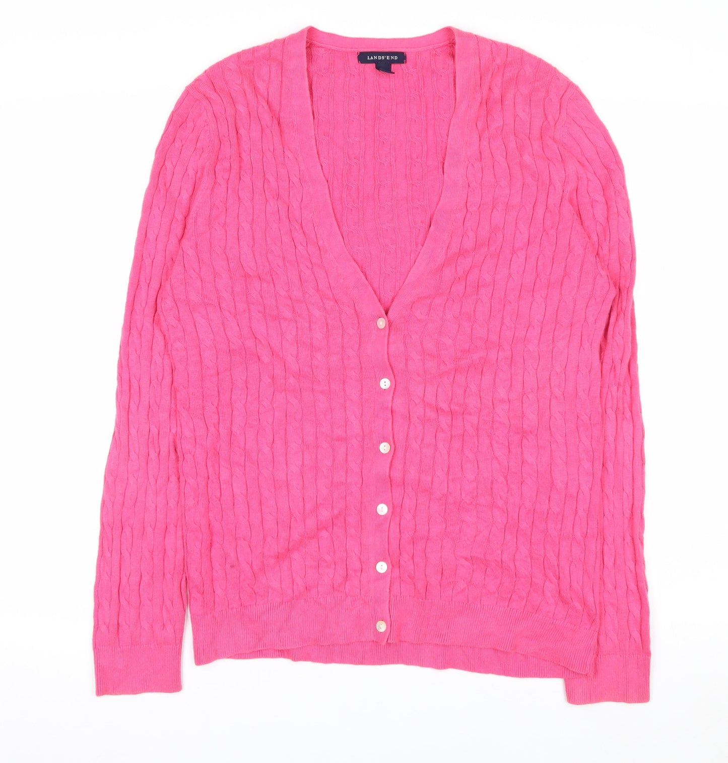 Lands' End Women's Pink Cotton Cable Knit V-Neck Cardigan M 10-12